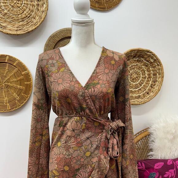 $178 Beach Riot Flower Floral Long Sleeve Stretch Lotus Wrap Mini Dress Small - Picture 5 of 8